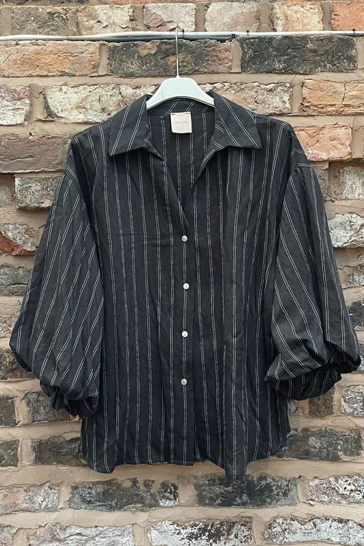 Zeta Otto Pinstripe Puff Sleeve Shirt Black /6